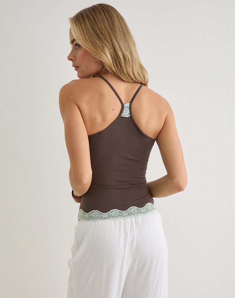 Dark Brown Cami Top with Blue Lace Trim | Mishti – motelrocks-com-us