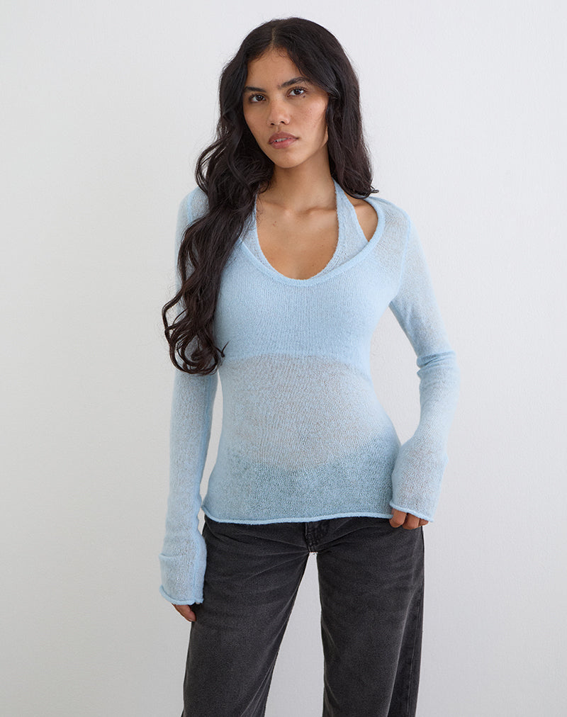 Blue Sheer Knit Long Sleeve Top | Misora – motelrocks-com-us