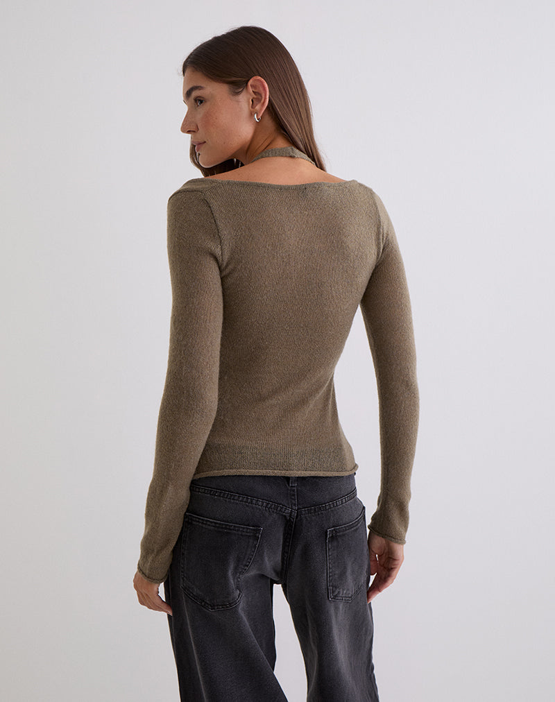 Taupe Brown Long Sleeve Scoop Halterneck Top | Misora – motelrocks