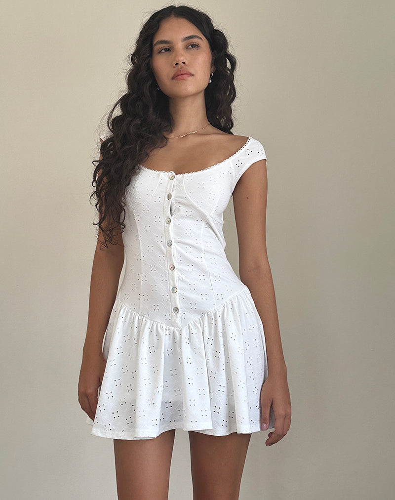 Misty Mini Tea Dress in Broderie White