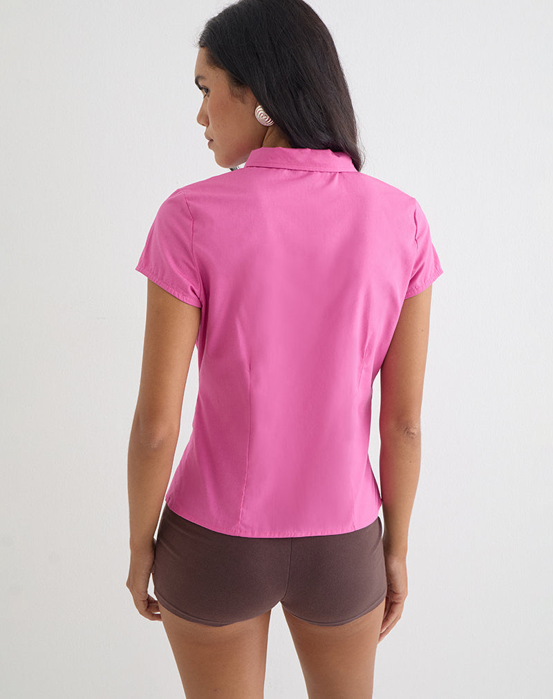 Pink Rose Poplin Cap Sleeve Collar Top with Buckle | Miyala