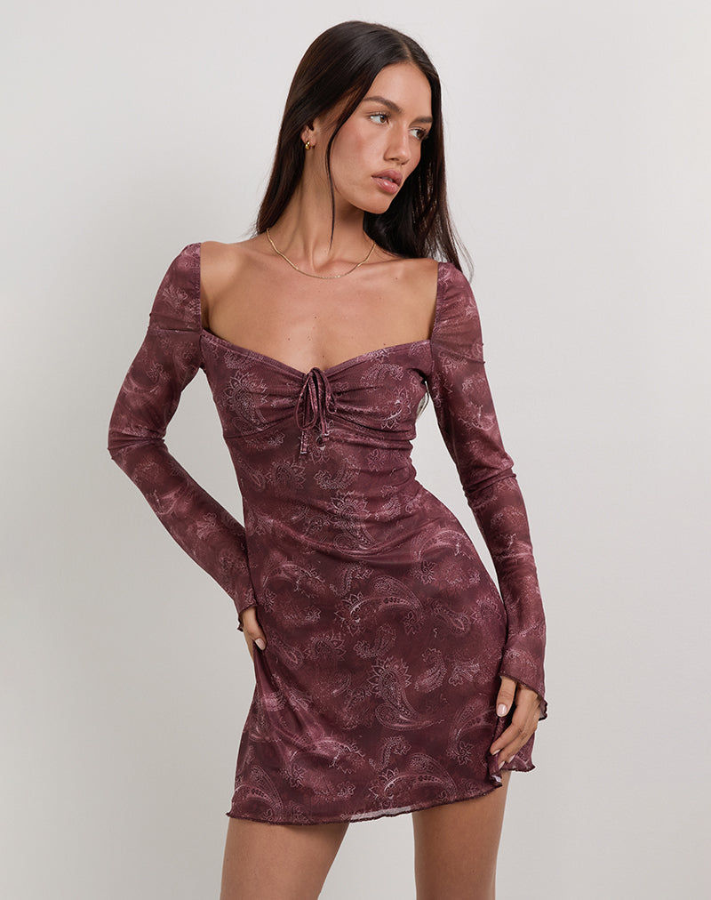 Motel Modena Long Sleeve Minidress in TNL Paisley Plum at Nordstrom, Size Medium Motel Modena Long Sleeve Minidress in TNL Paisley Plum at Nordstrom, Size Medium
