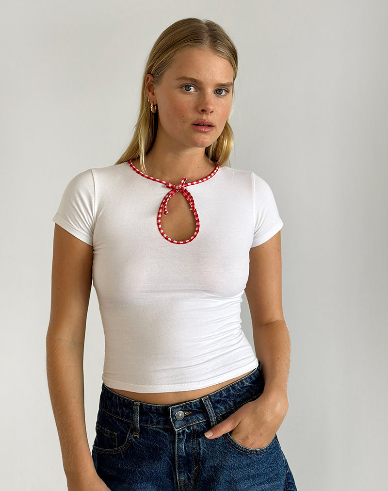 Image of Monsel Tie Front Top in White with Red Gingham Binding