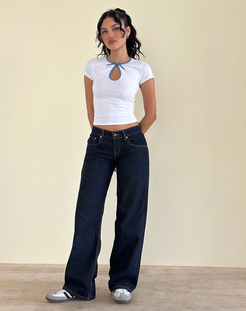 Monsel Tie Front Top in White with Faded Denim Binding