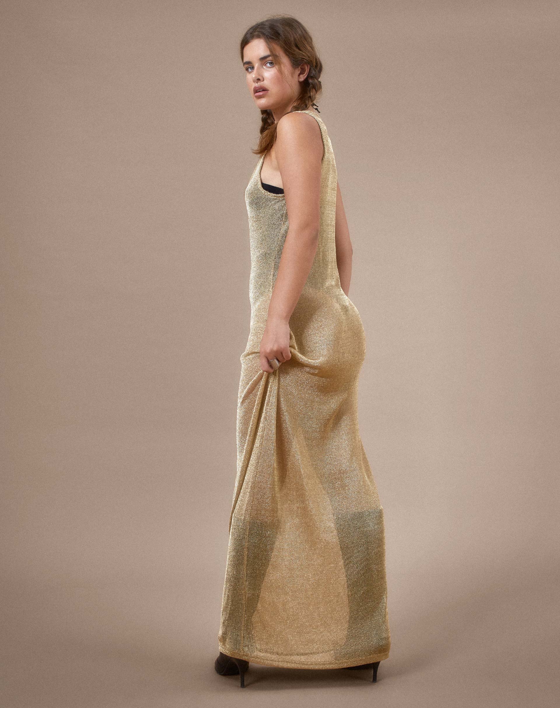 Morticia Maxi Dress in Chain Knit Gold Morticia Maxi Dress in Chain Knit Gold