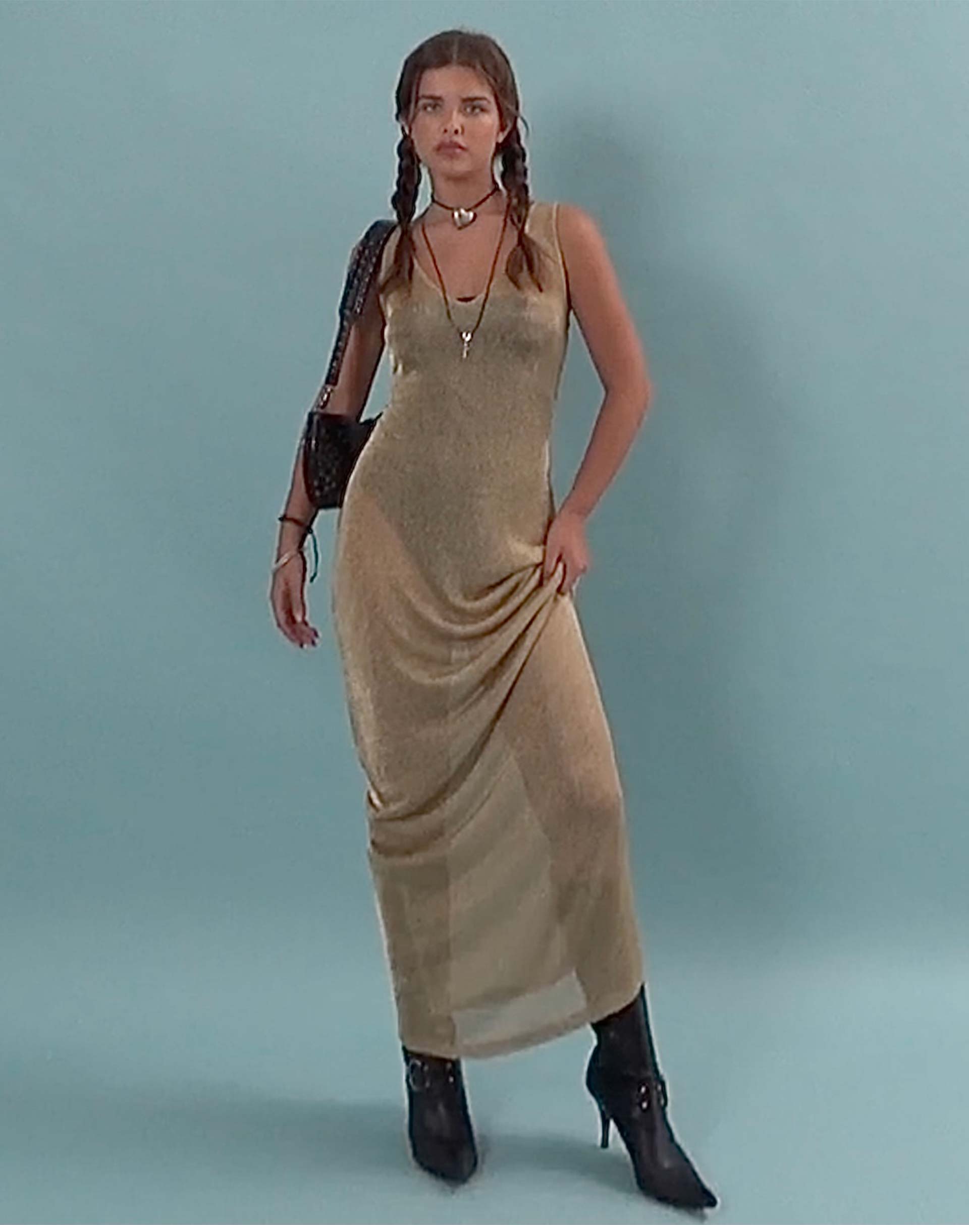 Morticia Maxi Dress in Chain Knit Gold Morticia Maxi Dress in Chain Knit Gold