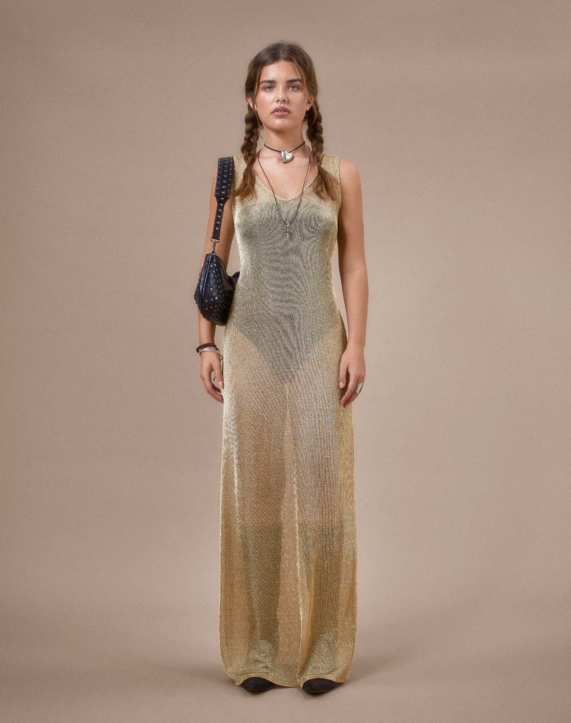 Morticia Maxi Dress in Chain Knit Gold Morticia Maxi Dress in Chain Knit Gold