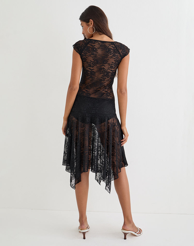 Black Sheer Lace Drop Waist Midi Dress
