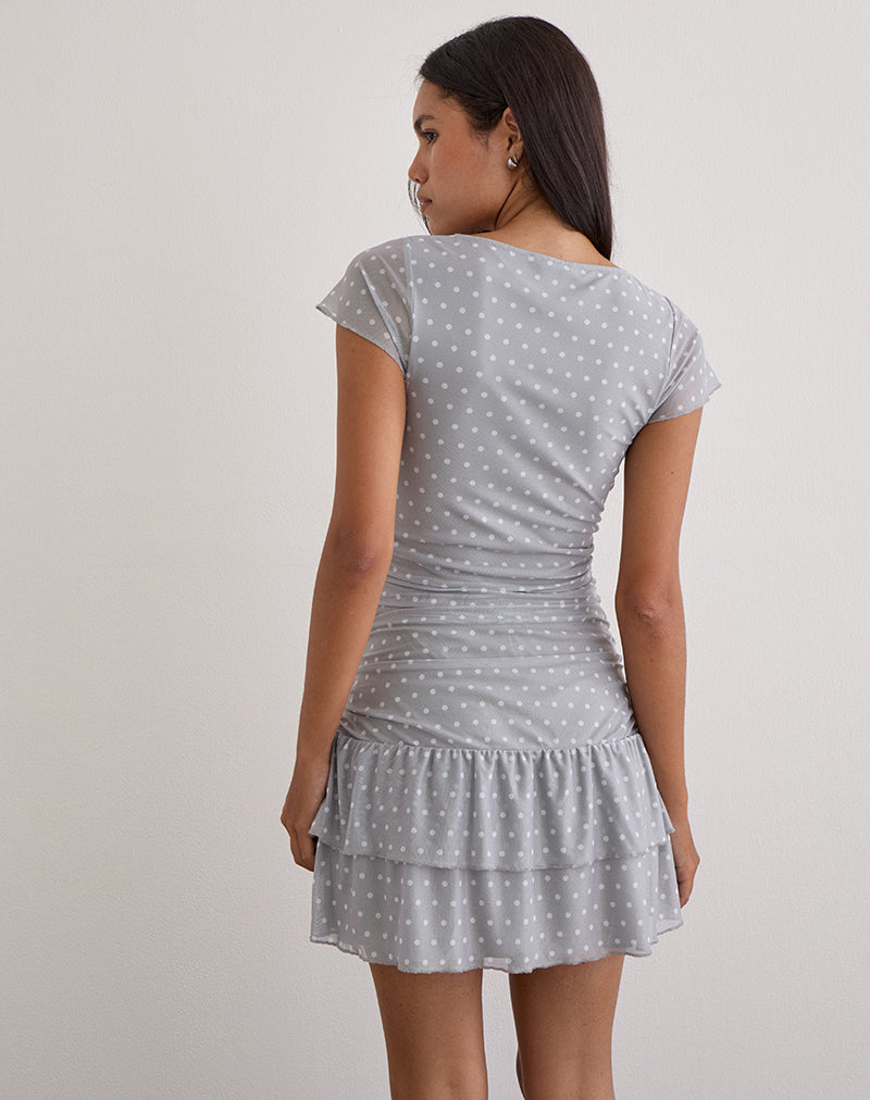 Mowgli Cap Sleeve Mini Dress in Grey with Micro White Polka, S Mowgli Cap Sleeve Mini Dress in Grey with Micro White Polka, S