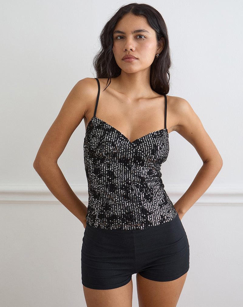 Mulya Cami Top in Floral Sequin Black