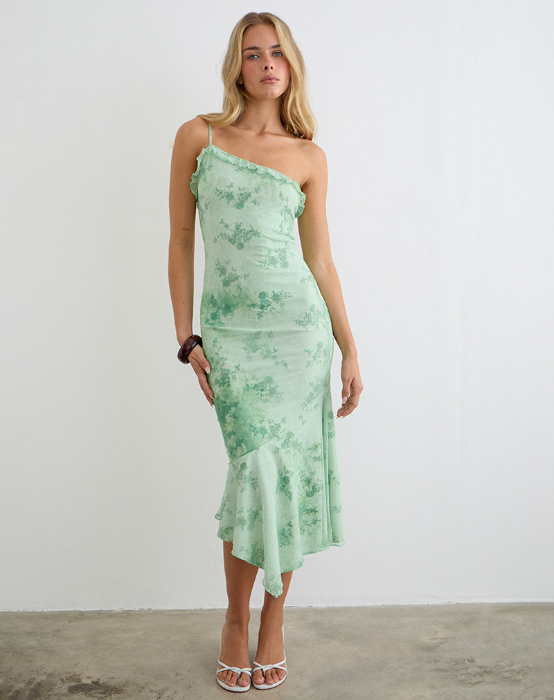 Image of Mumun One Shoulder Asymmetric Midi Dress in Turquoise