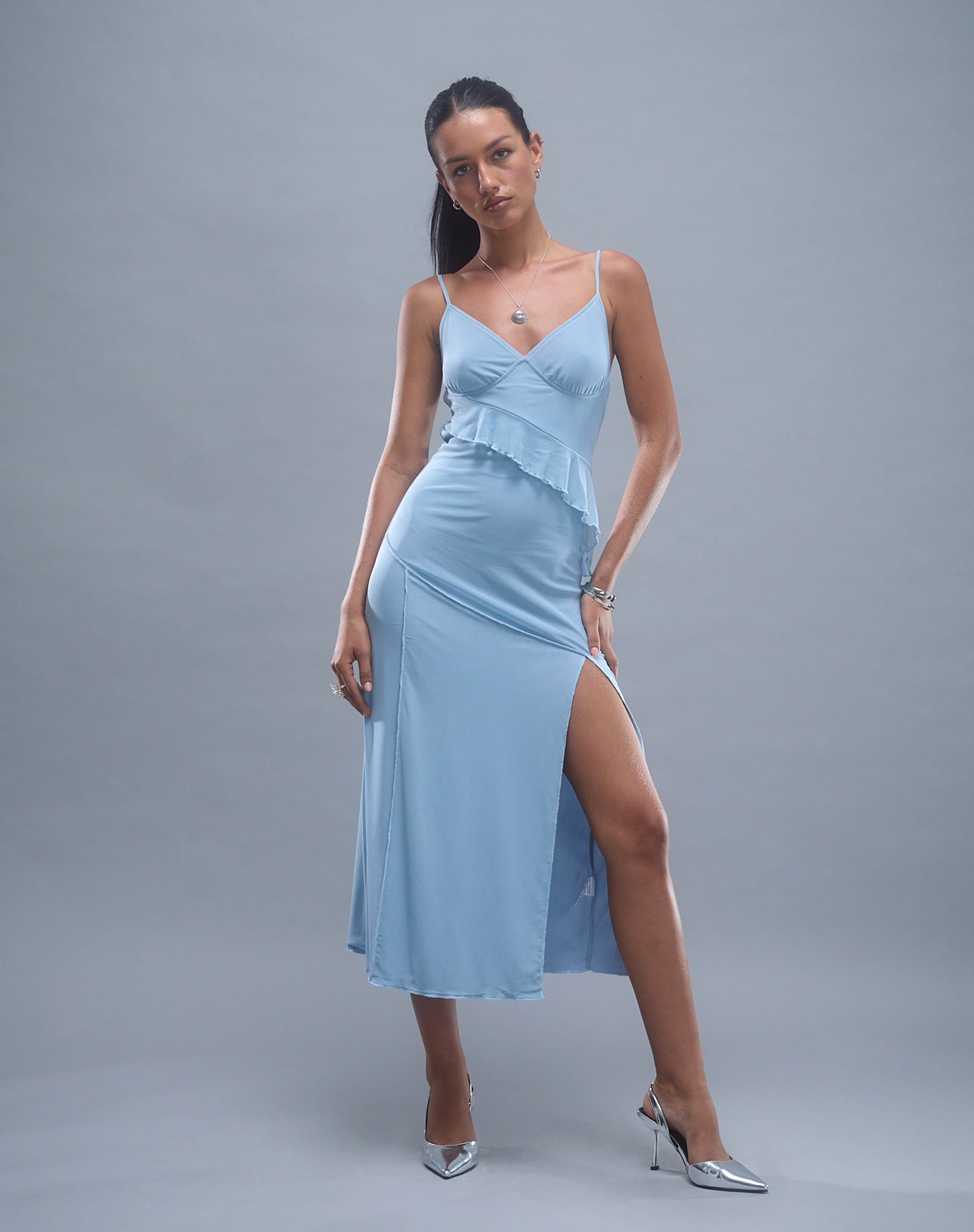 Jacy Ruffle Midi Dress in Mesh Blue Jacy Ruffle Midi Dress in Mesh Blue
