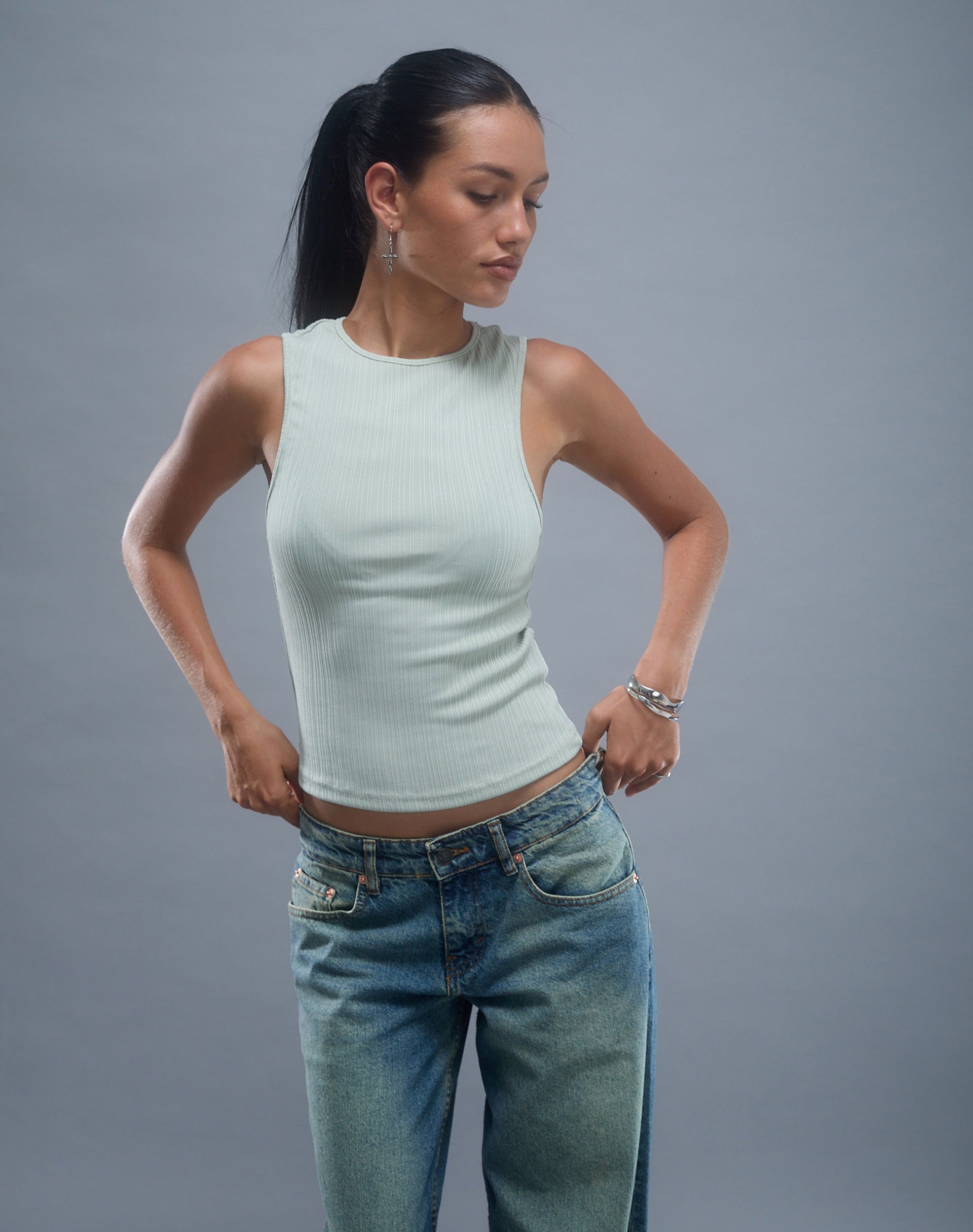 Image of Jordin High Neck Jersey Top in Ribbed Mint