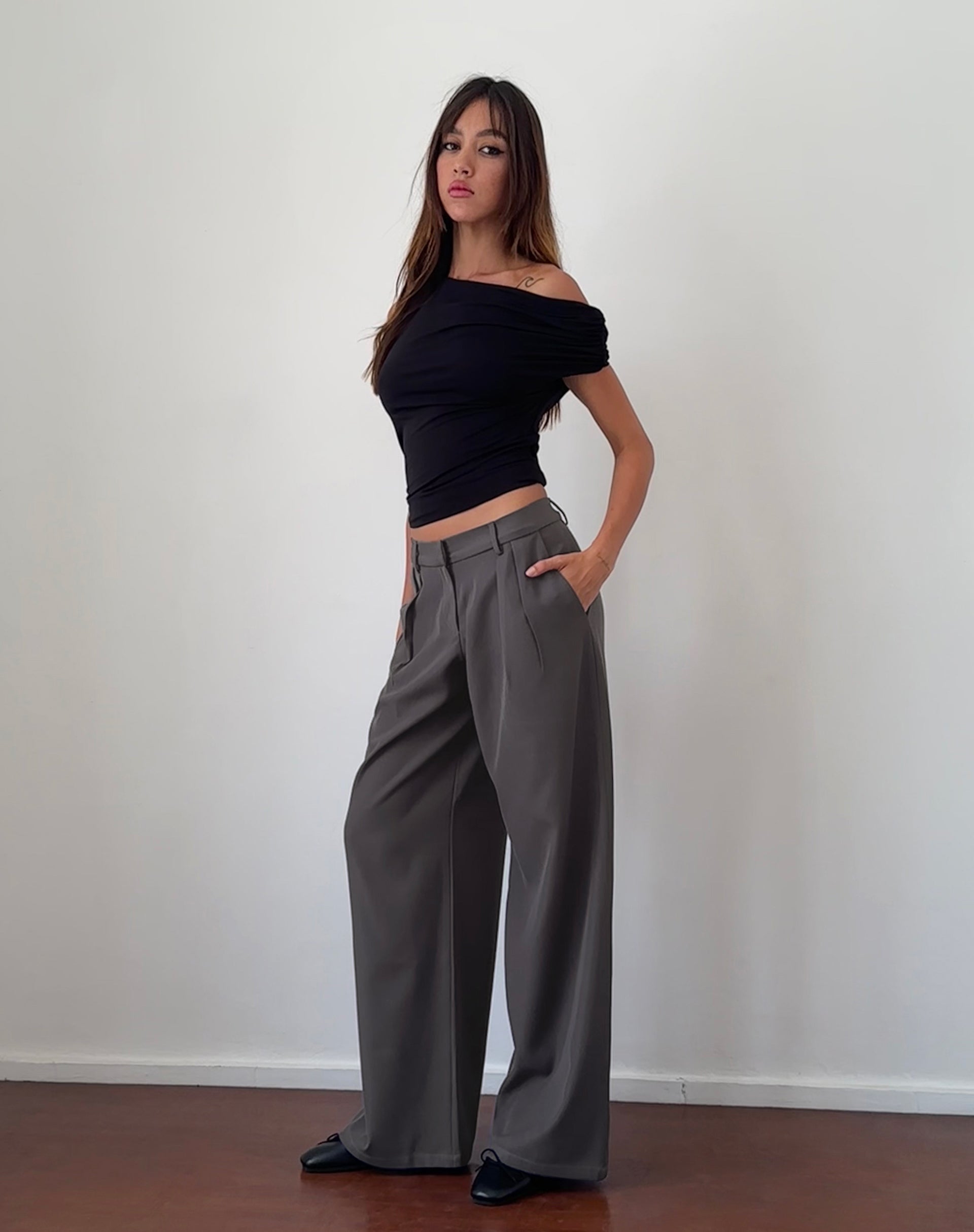 Dark Charcoal Wide Leg Tailored Trouser | Nailaka – motelrocks-com-us