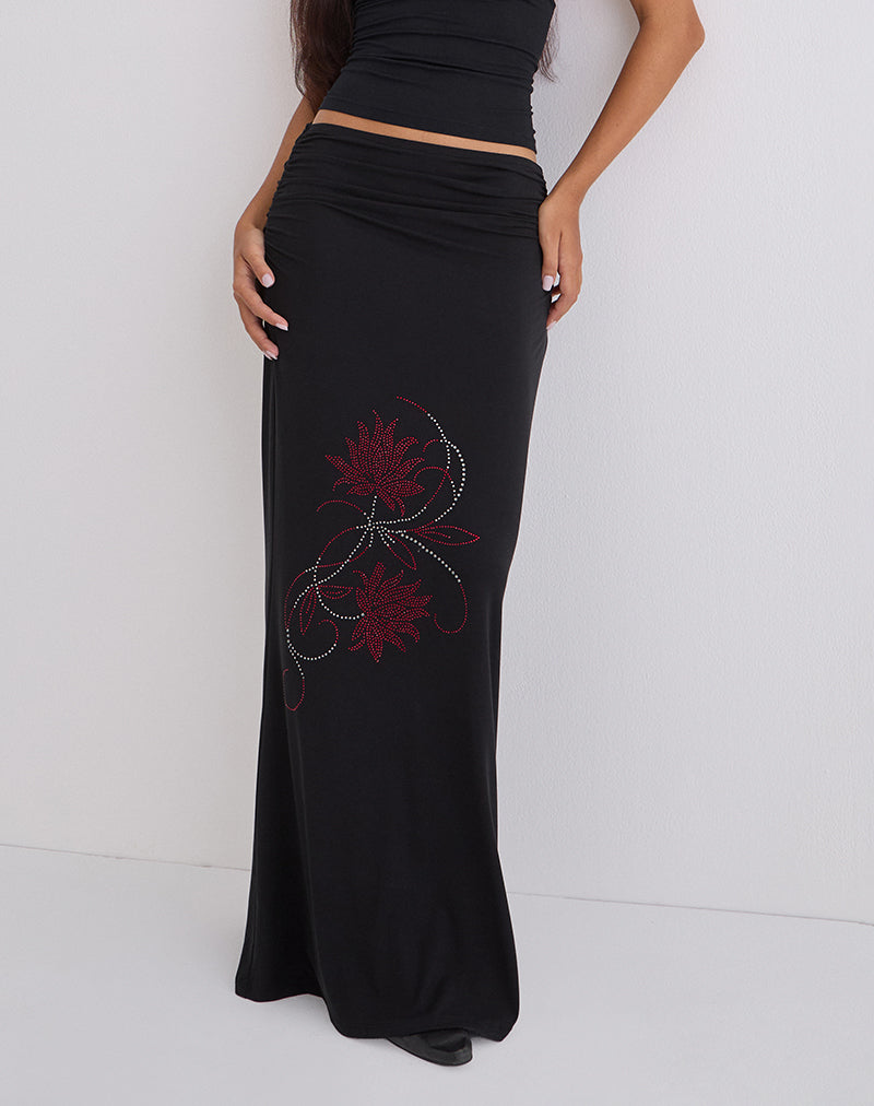 Naisra Maxi Skirt in Cupro Diamante Flower Black