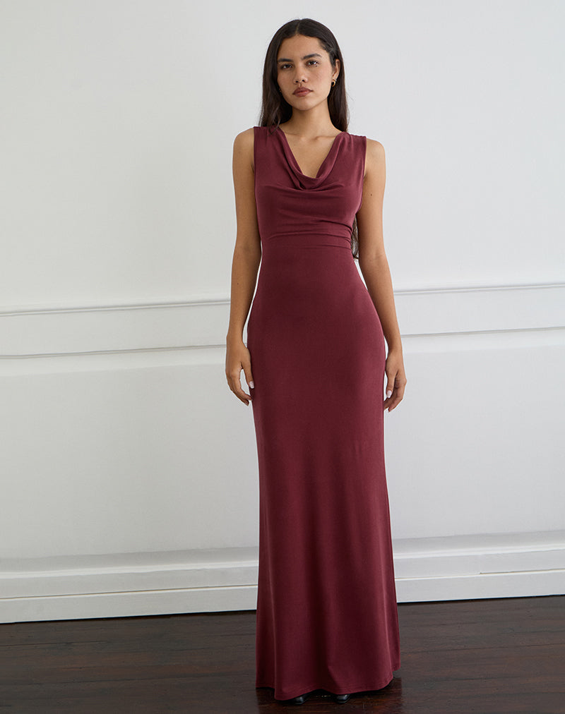 Namra Cowl Neck Maxi Dress in Cupro Burgundy Namra Cowl Neck Maxi Dress in Cupro Burgundy