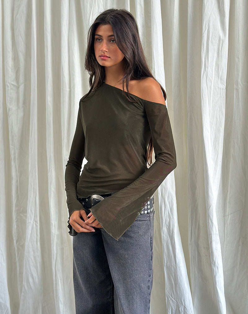 Image of Narcissa Asymmetric Long Sleeve Top in Mesh Dark Olive