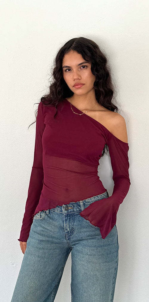 Image of Narcissa Asymmetric Long Sleeve Top in Maroon