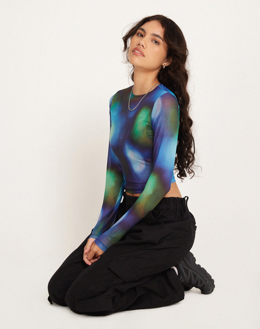 Narita Long Sleeve Crop Top in Mesh Blur Orbs