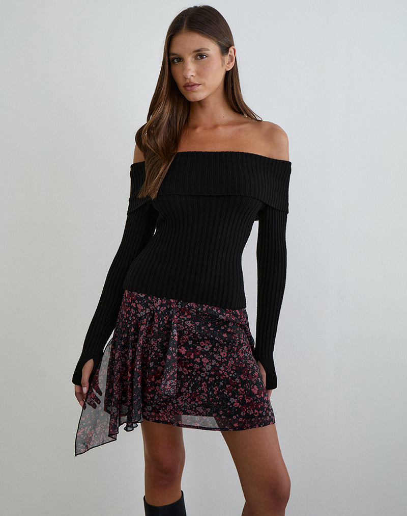 Image of Naru Mini Skirt in Chiffon Scattered Floral Black and Red