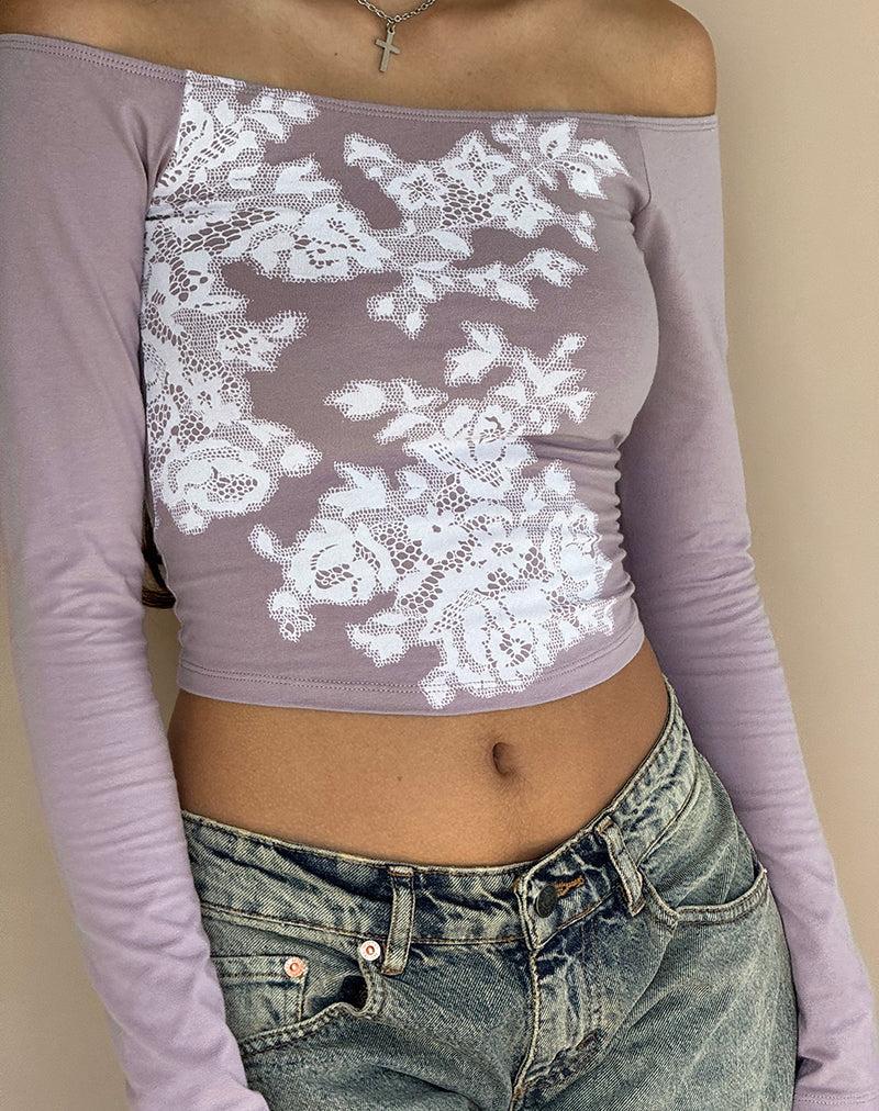 Image of Nauby Long Sleeve Bardot Top in Light Mauve Floral Lace