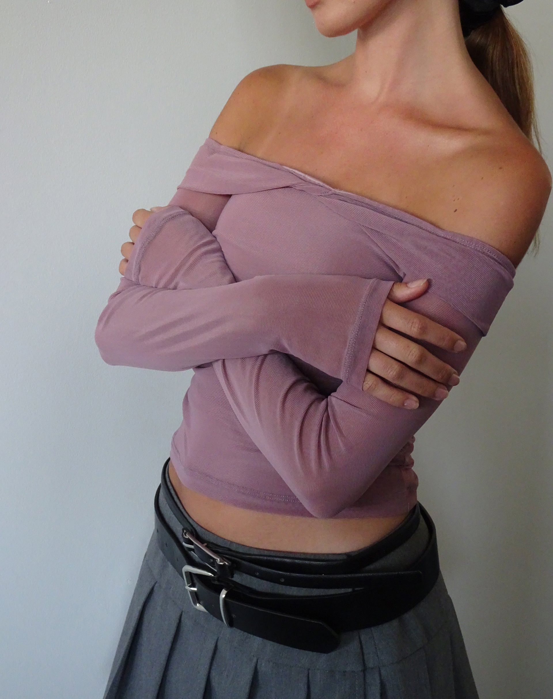 Nauri Long Sleeve Bardot Top in Wisteria Purple - Main Image