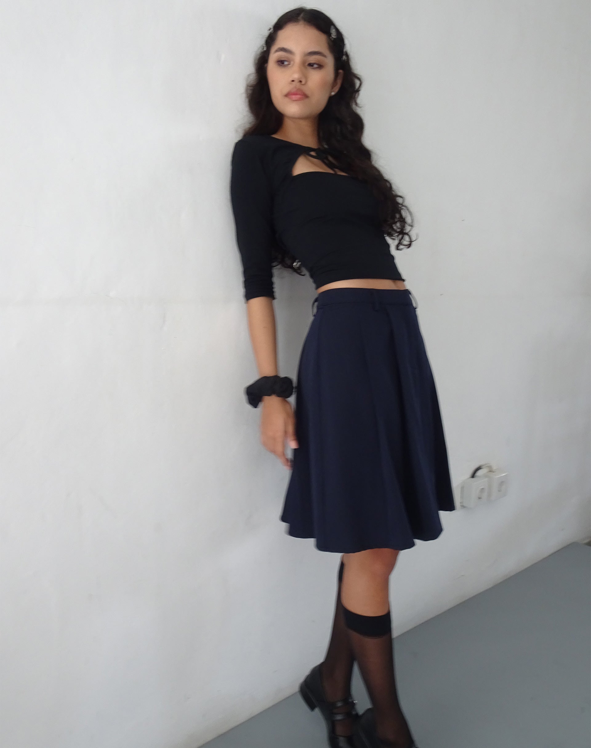 Colette Pleated Knee Length Skirt in Navy Colette Pleated Knee Length Skirt in Navy