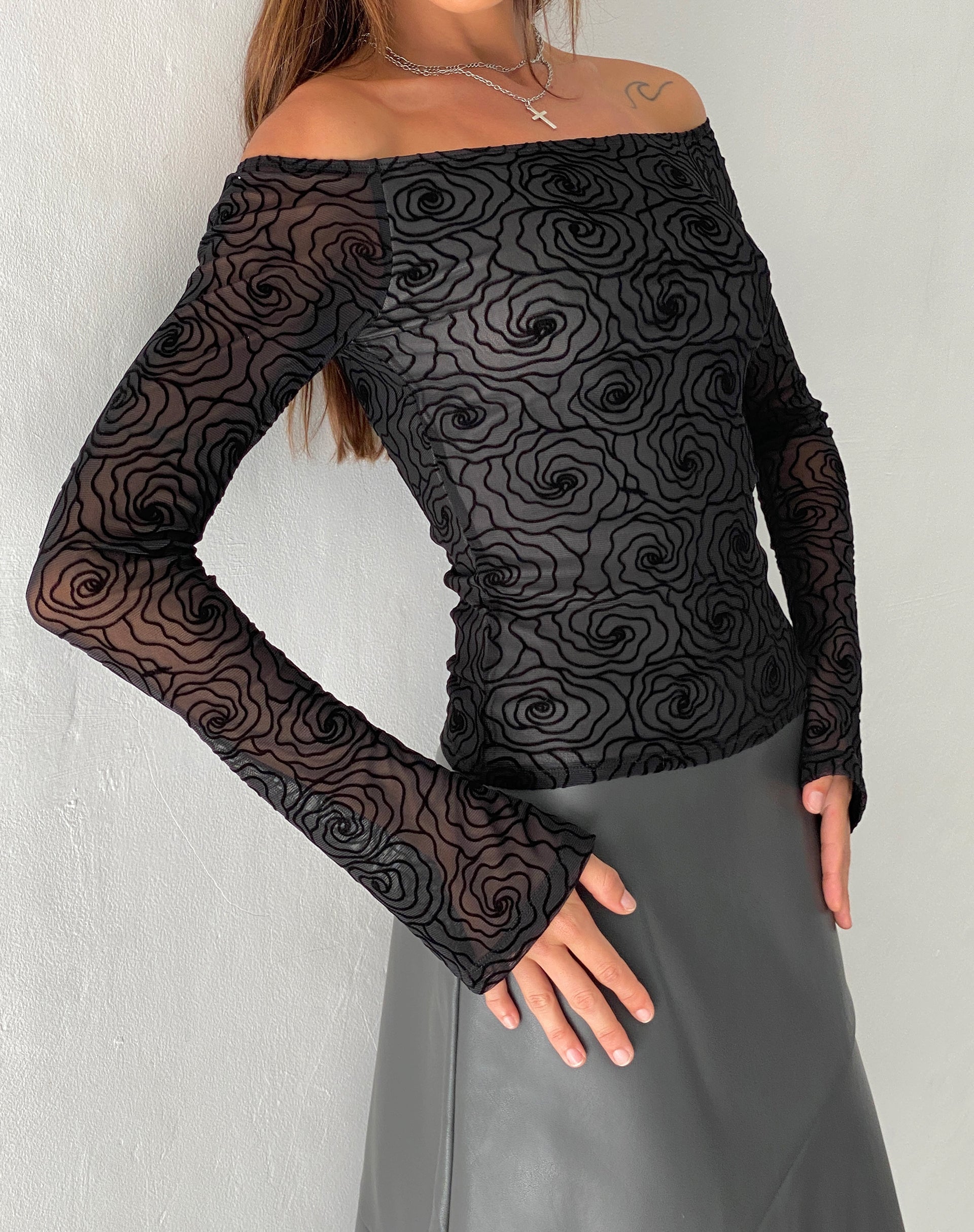 Image of Neira Long Sleeve Mesh Bardot Top in Black Abstract Flower Flock