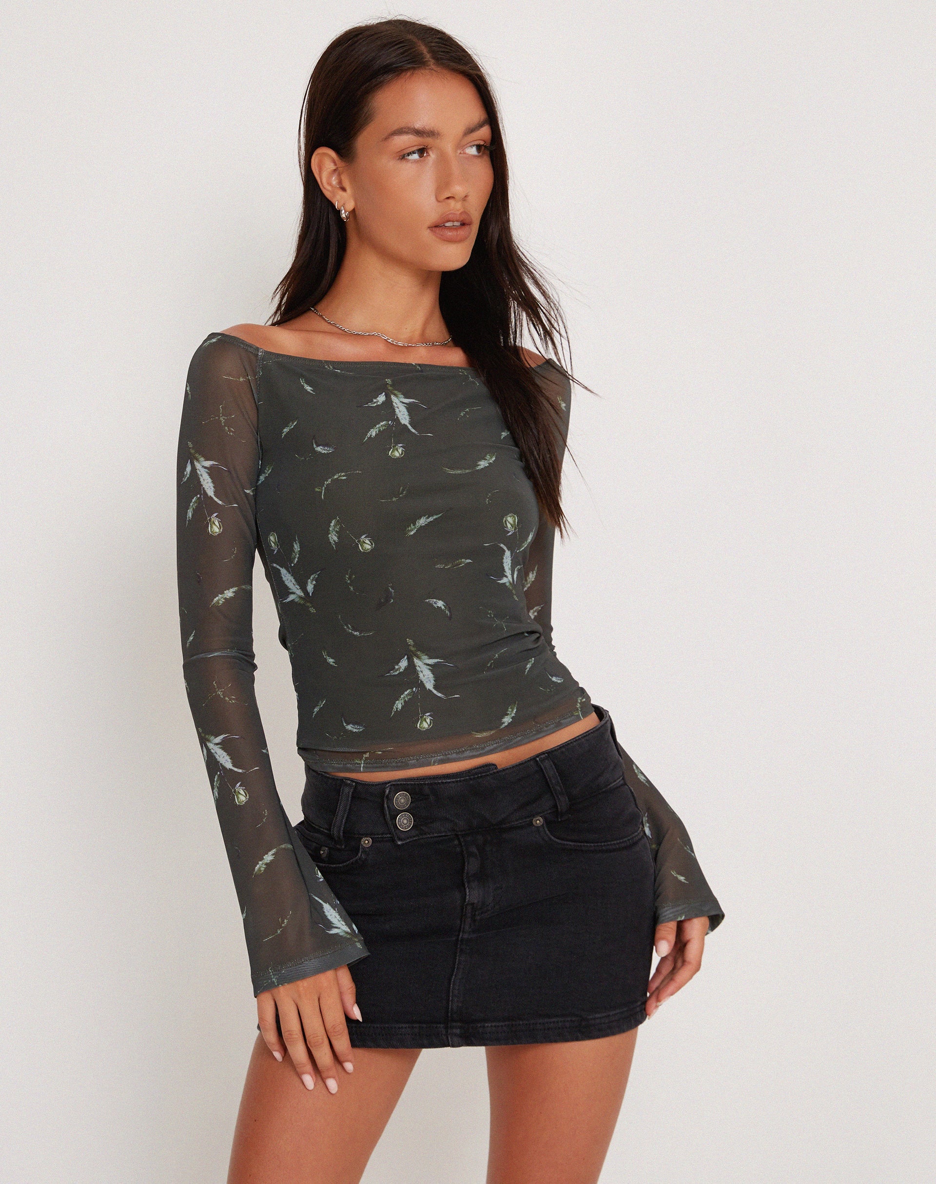 Neira Long Sleeve Mesh Bardot Top in Floral Khaki Silhouette