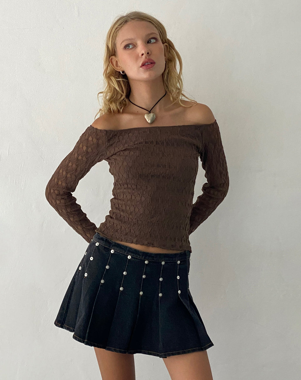 Neira Long Sleeve Bardot Top in Textured Knit Mocha