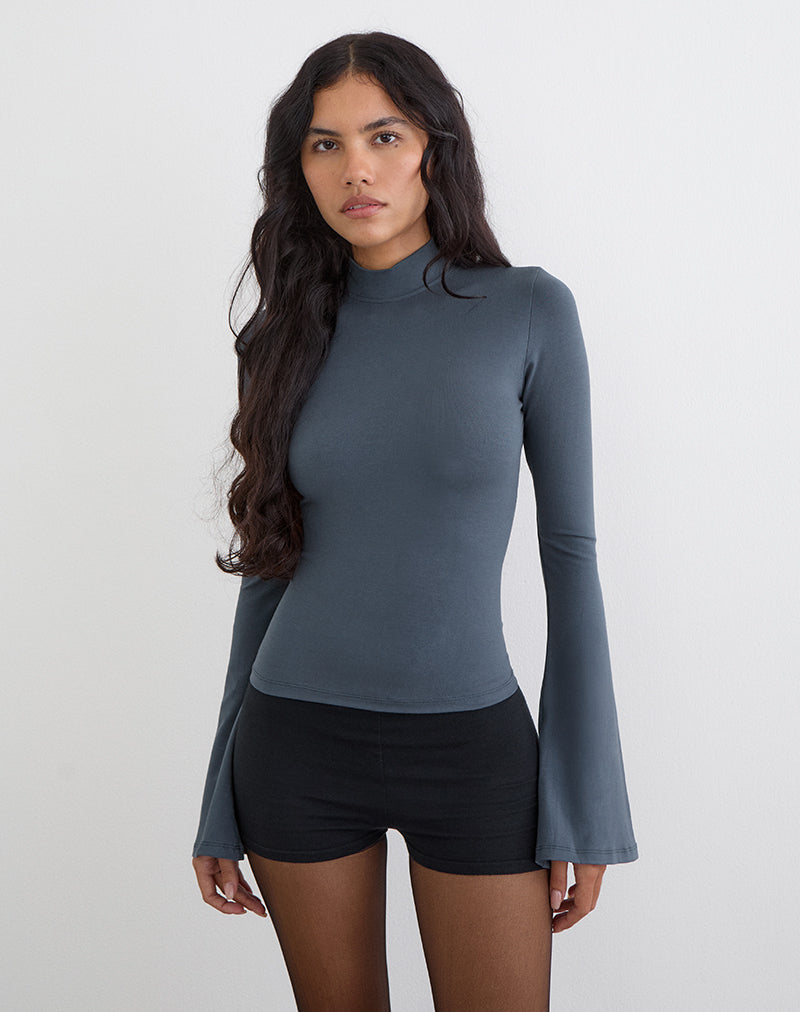 Image of Nell High Neck Long Sleeve Top in Jersey Ocean Storm
