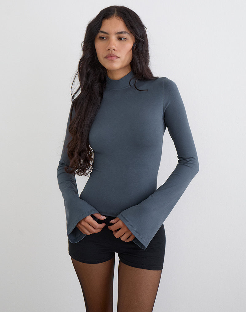 Image of Nell High Neck Long Sleeve Top in Jersey Ocean Storm