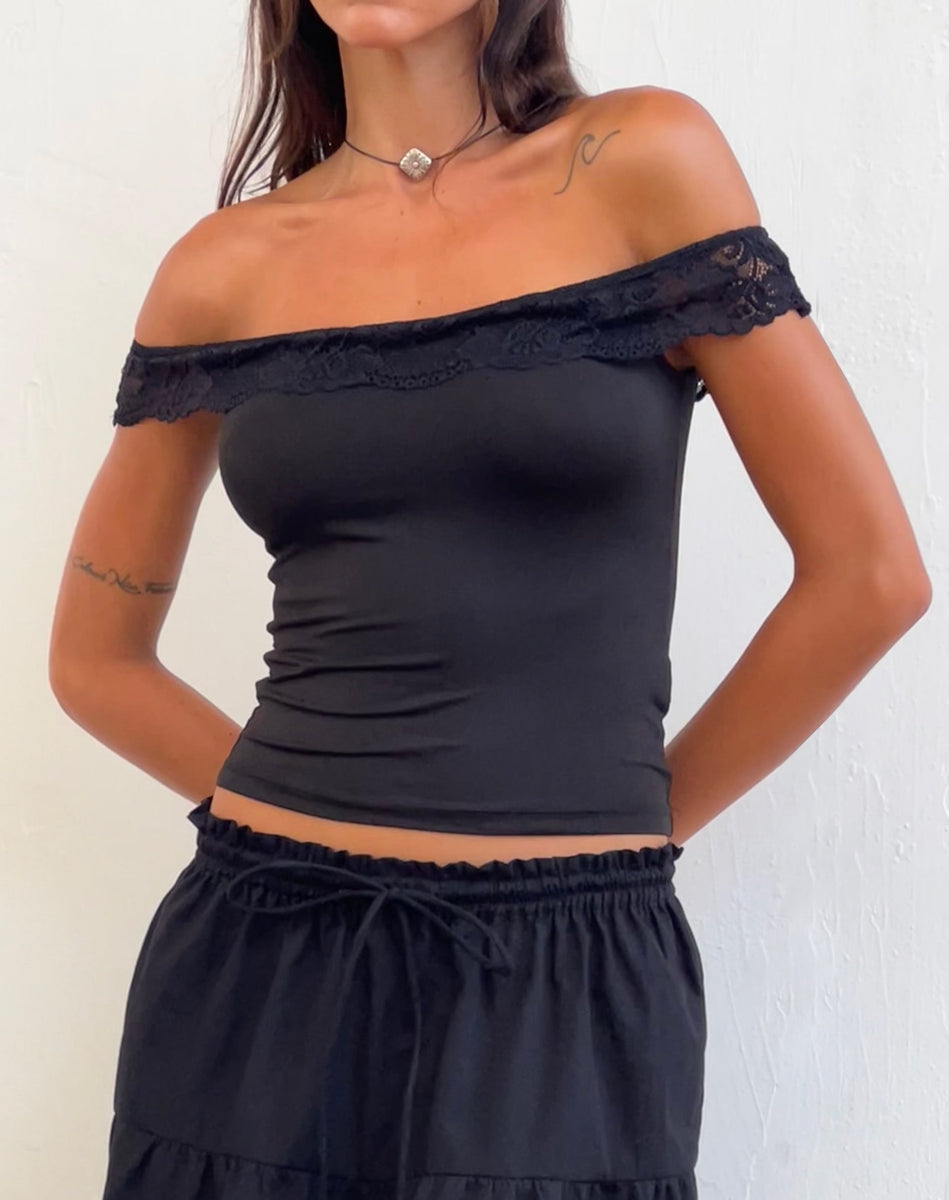Black Lace Trim Bardot Top | Nesel – motelrocks-com-us