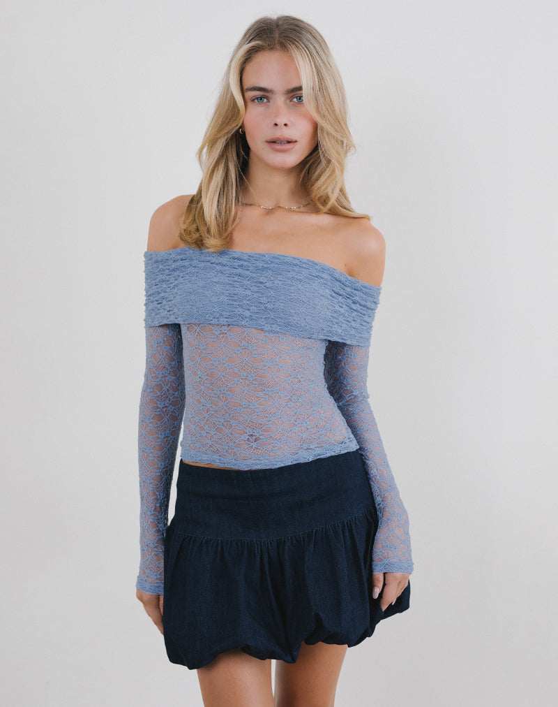 Nesta Bardot Top in Unlined Lace Blue