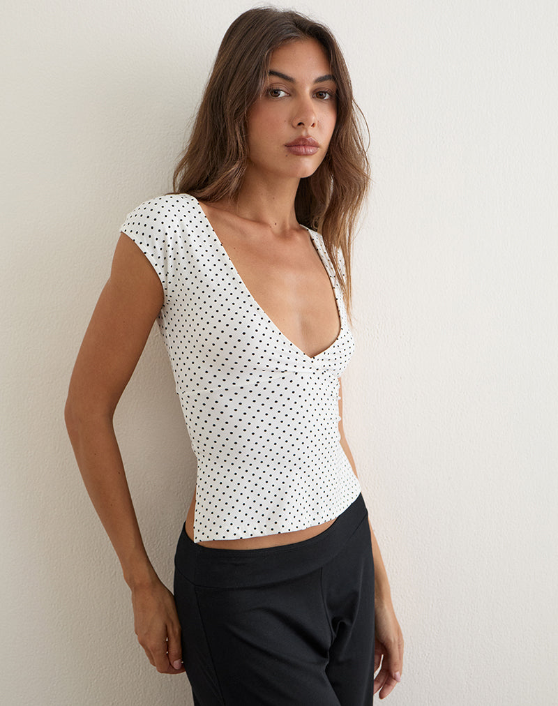 Image of Netan Crossover Top in White with Micro Polka Black