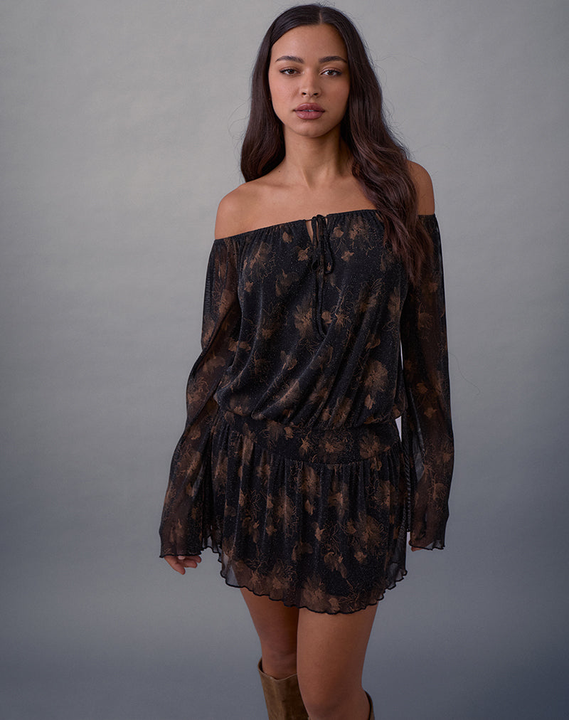 Nisha Long Sleeve Mini Dress in Black with Bronze Shimmer