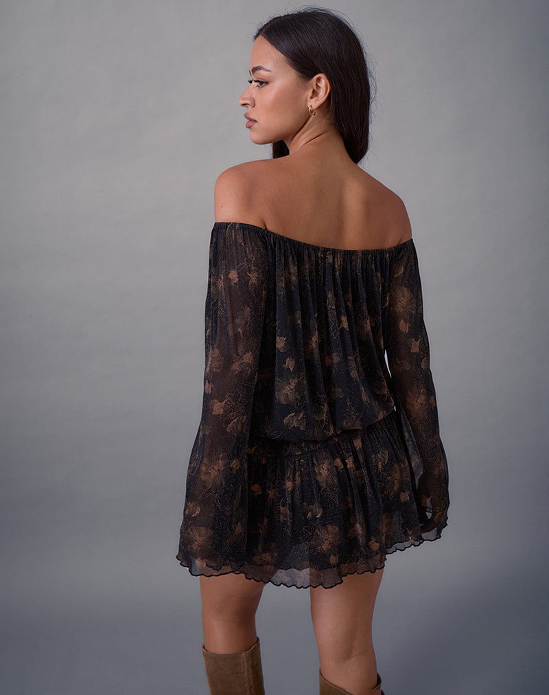 Motel Nisha off shoulder floaty mini dress in bronze-Brown Motel Nisha off shoulder floaty mini dress in bronze-Brown