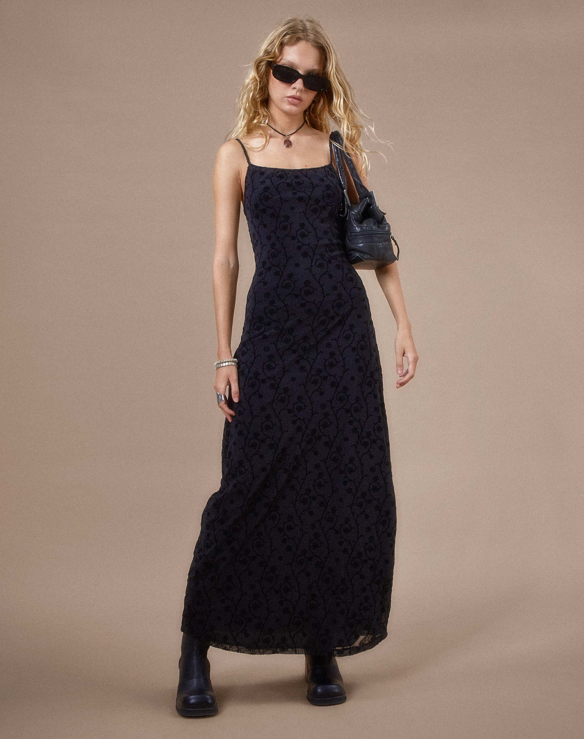 Black Dainty Floral Flock Maxi Dress | Nodu – motelrocks-com-us