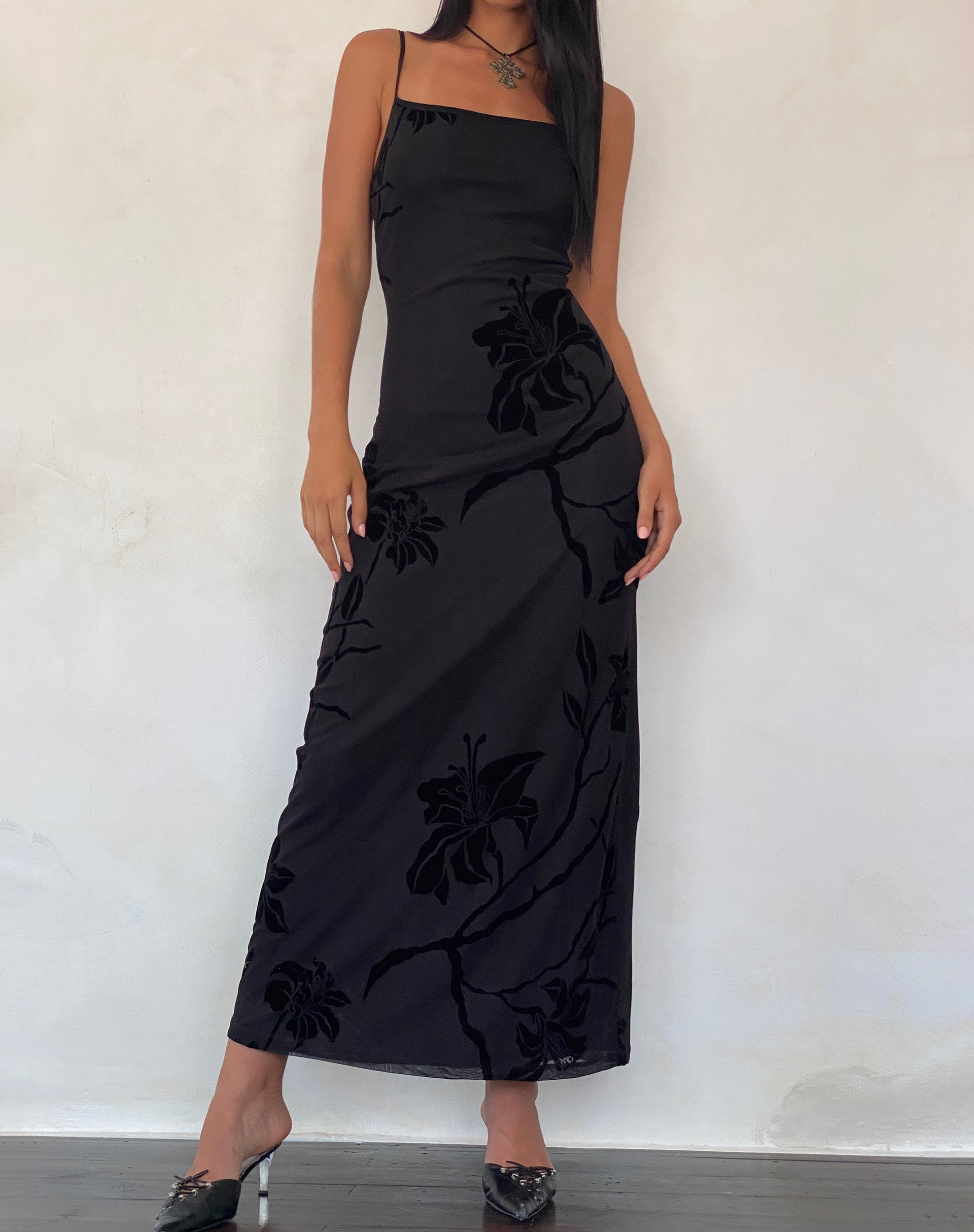 Nodu Maxi Dress in Orchids Flock Black Nodu Maxi Dress in Orchids Flock Black
