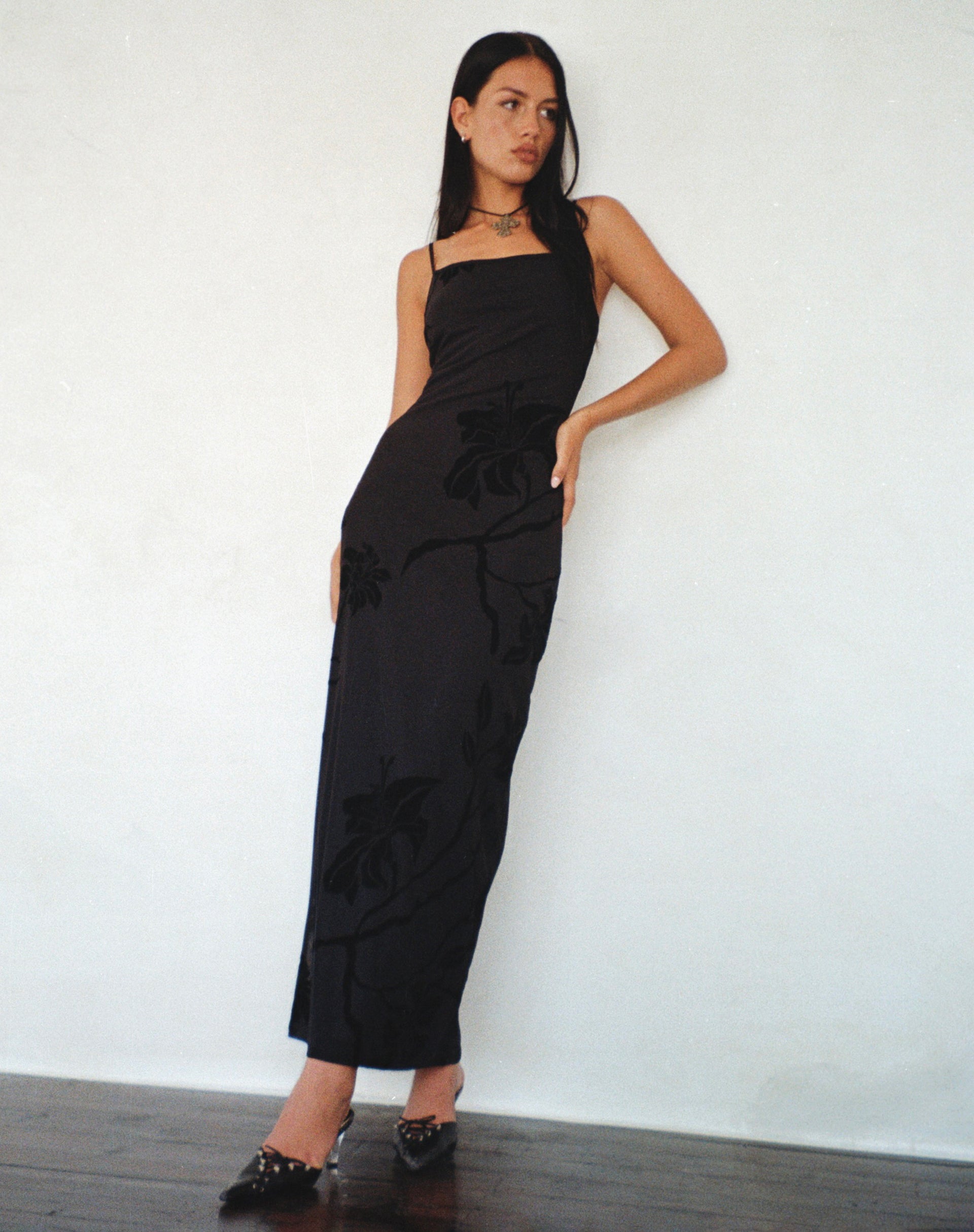 Nodu Maxi Dress in Orchids Flock Black Nodu Maxi Dress in Orchids Flock Black