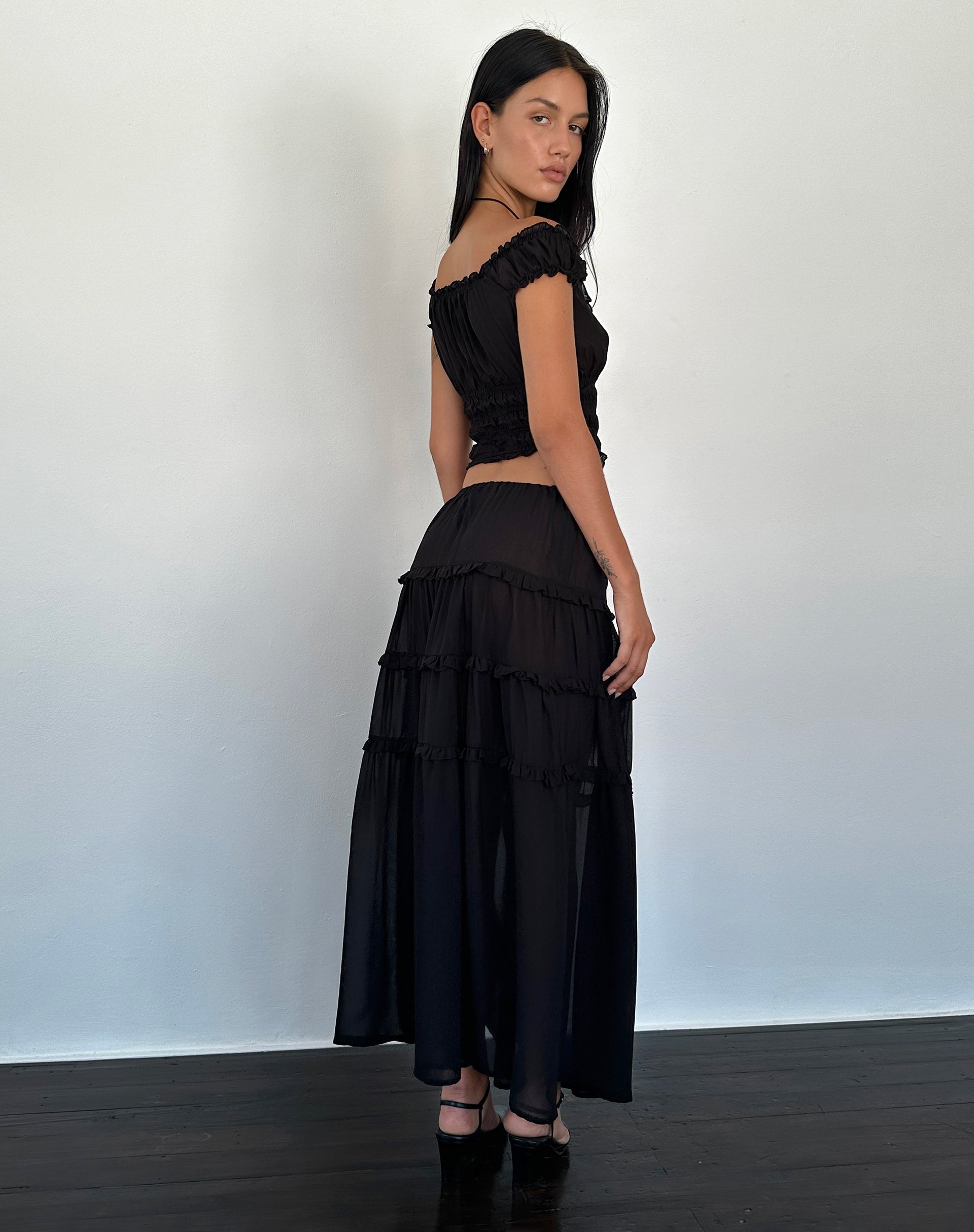 Image of Norah Tiered Maxi Skirt in Black Chiffon