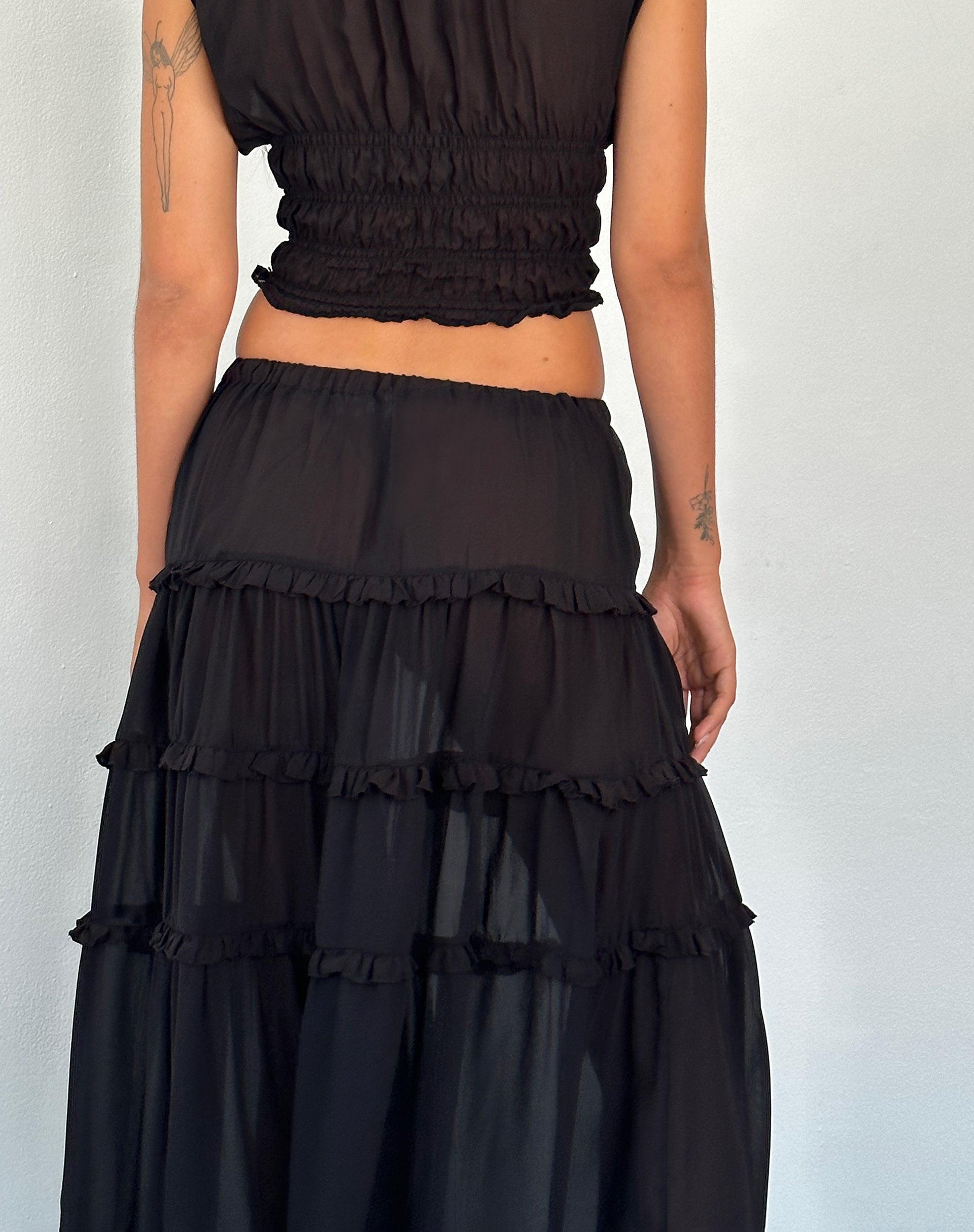 Norah Tiered Maxi Skirt in Black Chiffon