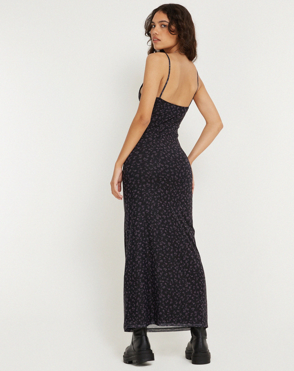 Dark Ditsy Rose Black Printed Maxi Dress | Norila – motelrocks-com-us