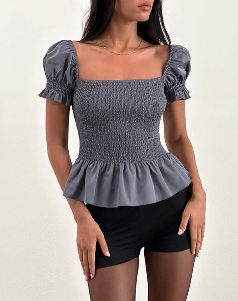 Grey Puff Sleeve Shirred Top | Notina – motelrocks-com-us