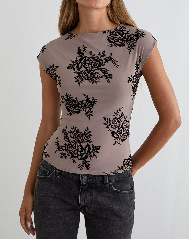 Image of Nova Top in Taupe Grey with Bold Floral Flock