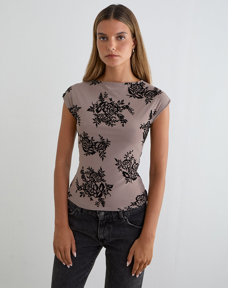 Image of Nova Top in Taupe Grey with Bold Floral Flock