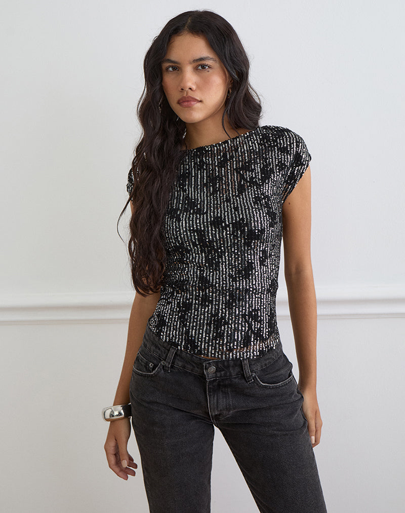 Nova Top in Floral Sequin Black