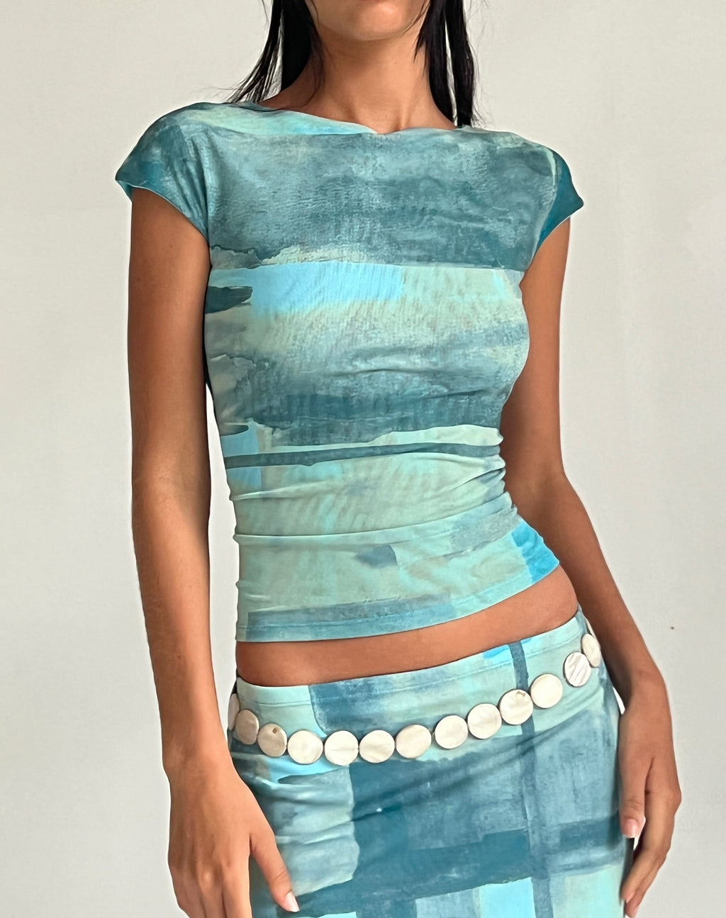 MOTEL X JACQUIE Nova Top in Mesh Green and Blue Abstract Paint Brush