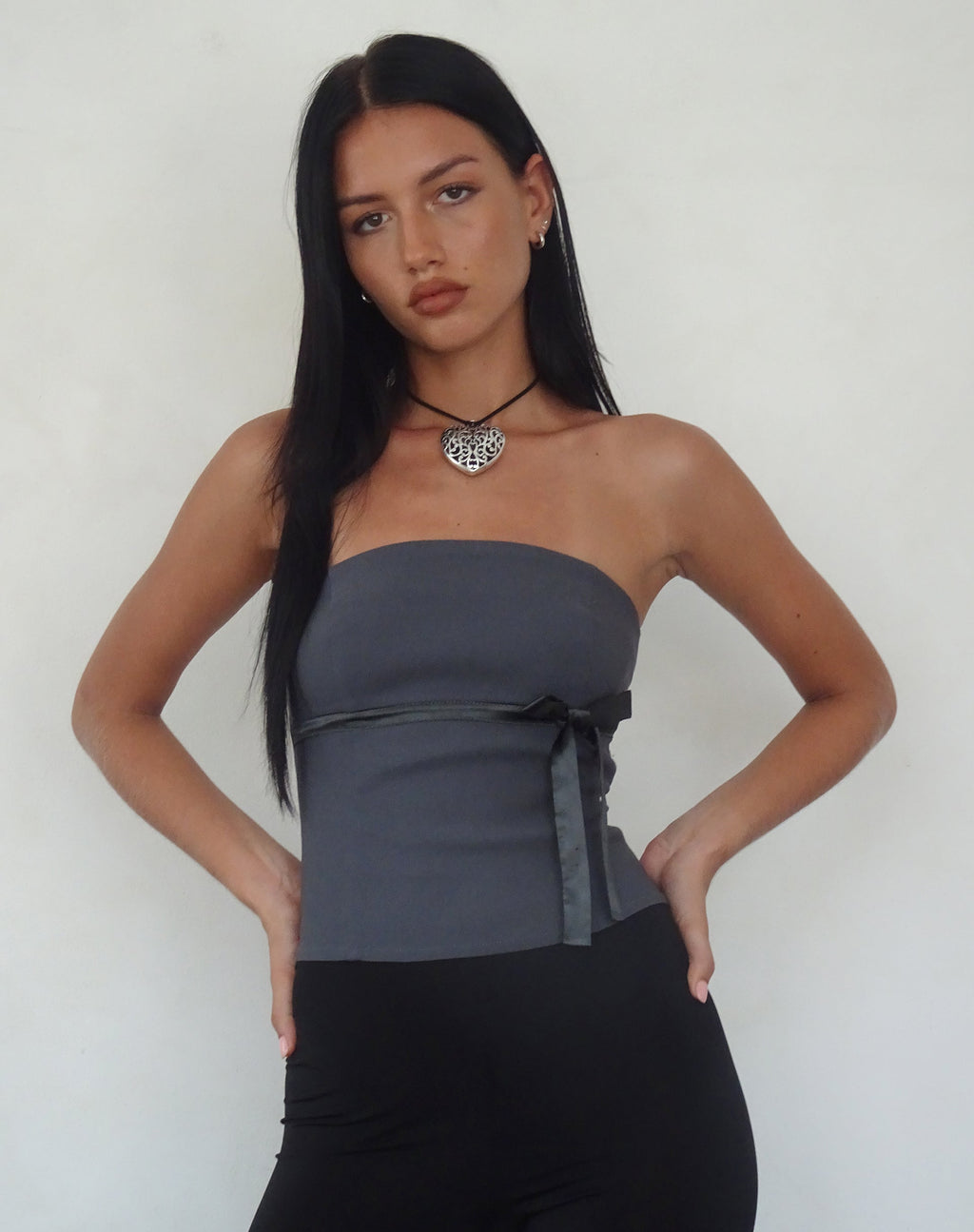 Novita Bow Detail Bandeau Top in Tailoring Charcoal Grey