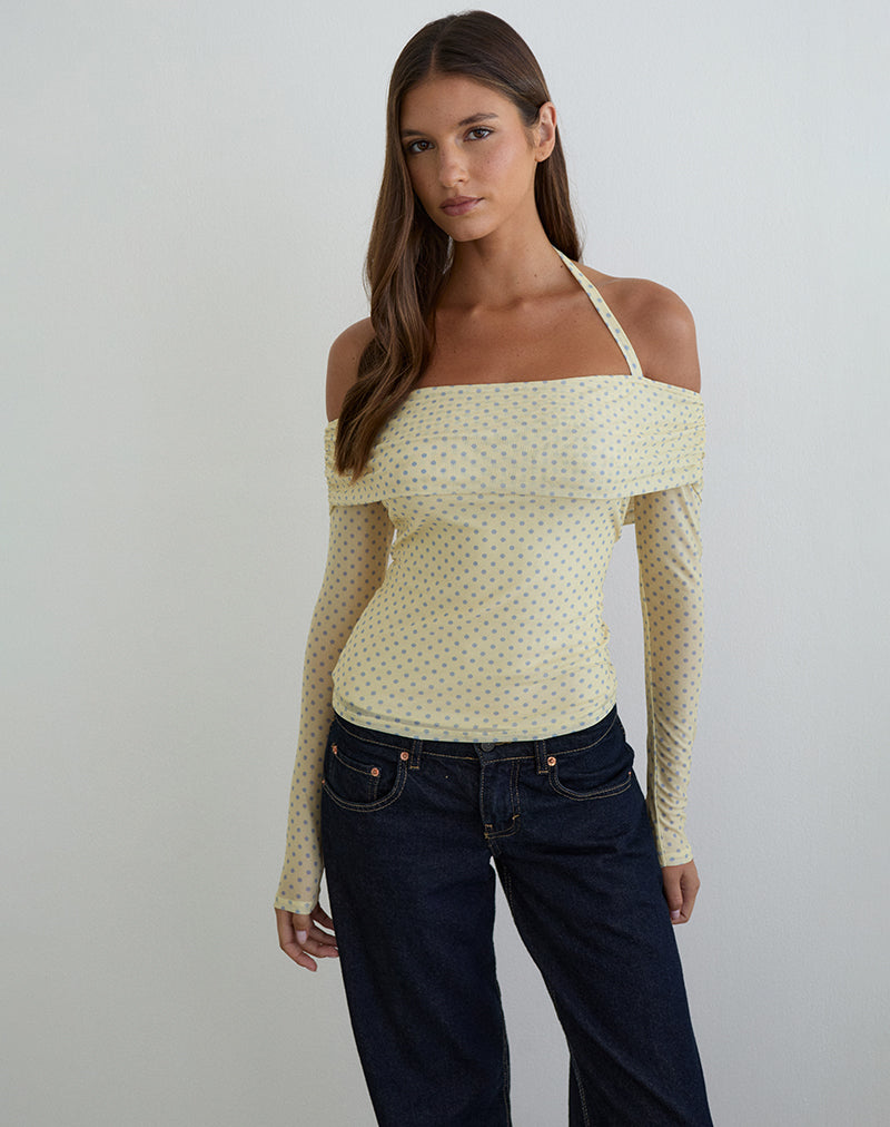 Image of Nunik Halterneck Top in Yellow with Compact Grey Polka